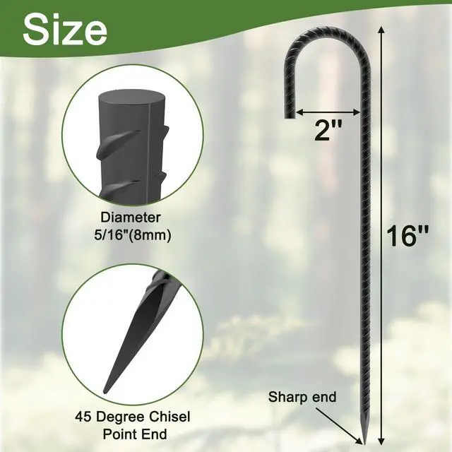 Alt view image 2 of 7 - OK5STAR 16 Inch J Hook Rebar Stakes 40 Pack, Heavy Duty 5/16 Inch Diameter Black E-Coated Steel Wind Resistant Ground Anchors for Trampoline, Bounce House, Dog Kennel, Chain Link Fence & Gazebo