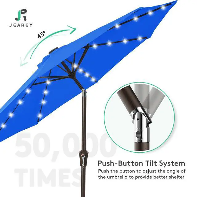 Alt view image 4 of 7 - JEAREY 9FT Outdoor Patio Umbrella with Solar Lights, LED Lighted Pool Umbrella with Tilt and Crank, Outdoor Table Umbrellas for Deck, Yard & Market (Royal Blue)
