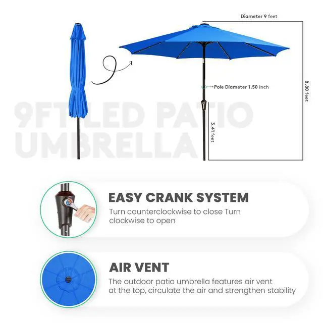 Alt view image 3 of 7 - JEAREY 9FT Outdoor Patio Umbrella with Solar Lights, LED Lighted Pool Umbrella with Tilt and Crank, Outdoor Table Umbrellas for Deck, Yard & Market (Royal Blue)