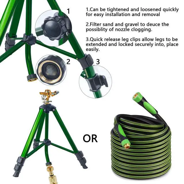 Alt view image 3 of 7 - Wexo Palindrog Impact Sprinkler on Tripod Base, Heavy Duty Adjustable Zinc Sprinkler Head for Lawn Yard Garden, 360 Degree Large Area Irrigation, 3/4" Connector Extension Legs Flip Locks, 2 Pack