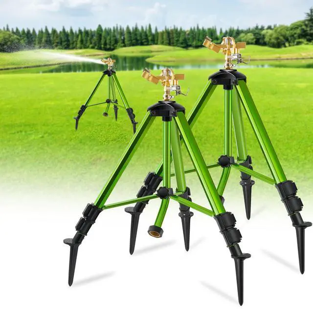 Main image of Impact Sprinklers on Tripod Base with Ground Plugs,Heavy Duty Brass Head Sprinkler with 360 Degree Spray,0-44ft Large Area Irrigation,Tripod Sprinkler with Extension Legs for Yard Garden Lawn,2 Pack
