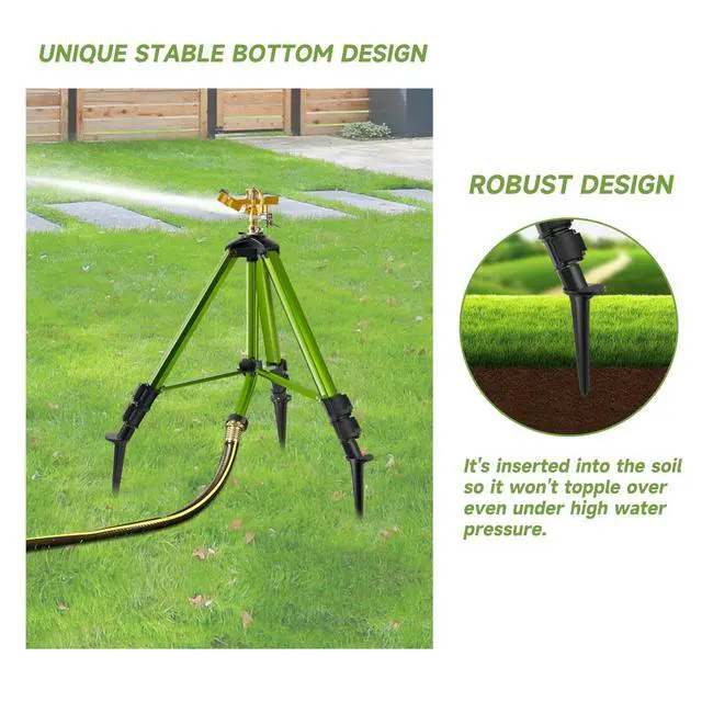 Alt view image 2 of 7 - Impact Sprinklers on Tripod Base with Ground Plugs,Heavy Duty Brass Head Sprinkler with 360 Degree Spray,0-44ft Large Area Irrigation,Tripod Sprinkler with Extension Legs for Yard Garden Lawn,2 Pack