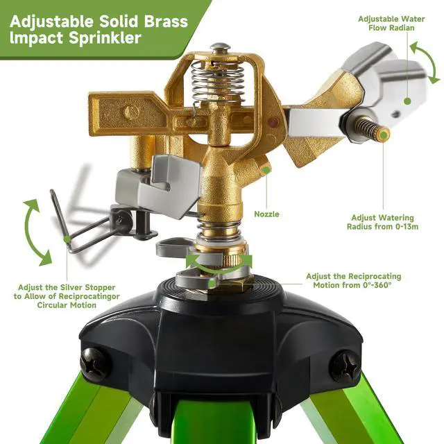Alt view image 3 of 7 - Impact Sprinklers on Tripod Base with Ground Plugs,Heavy Duty Brass Head Sprinkler with 360 Degree Spray,0-44ft Large Area Irrigation,Tripod Sprinkler with Extension Legs for Yard Garden Lawn,2 Pack