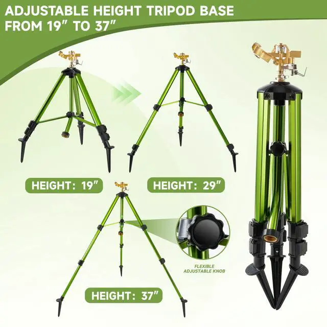 Alt view image 4 of 7 - Impact Sprinklers on Tripod Base with Ground Plugs,Heavy Duty Brass Head Sprinkler with 360 Degree Spray,0-44ft Large Area Irrigation,Tripod Sprinkler with Extension Legs for Yard Garden Lawn,2 Pack