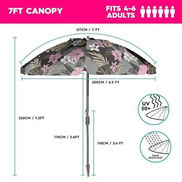 Alt view image 5 of 7 - ROXY Beach Umbrella with UV 50+ Sun Protection Adjustable Tilt, Windproof Design, Lightweight Portable Umbrella with Carry Bag Perfect for Beach, Patio, or Outdoor Use