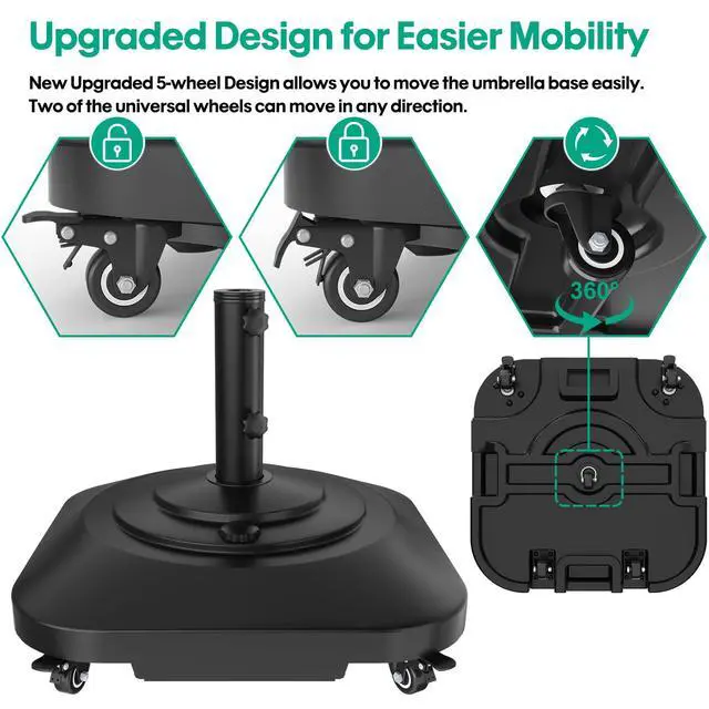 Alt view image 2 of 7 - Umbrella Base with Wheels, Umbrella Stand Base Heavy Duty 100lb Windproof, Fillable Umbrella Base Mobile Square Umbrella Stand Outdoor Base for Patio, Deck, Poolside, Lawn, Fits Most Sized Umbrellas