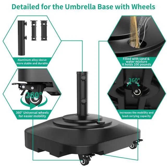 Alt view image 5 of 7 - Umbrella Base with Wheels, Umbrella Stand Base Heavy Duty 100lb Windproof, Fillable Umbrella Base Mobile Square Umbrella Stand Outdoor Base for Patio, Deck, Poolside, Lawn, Fits Most Sized Umbrellas
