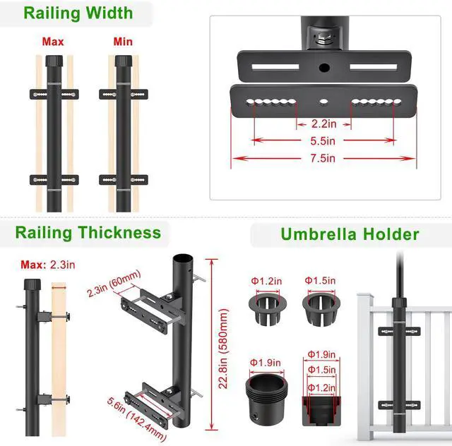 Alt view image 2 of 7 - Dolibest Heavy Duty Patio Umbrella Holder, Space Saver Umbrella Holder, Adjustable Umbrella Deck Mount for Railing, Full Welded Construction-Sturdy and Easy to Install for Patio, Deck, Poolsid