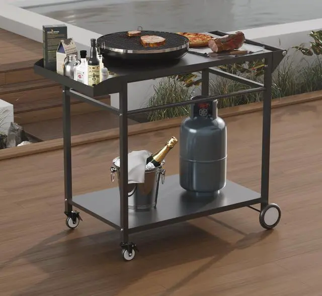 Alt view image 6 of 7 - Koutemie Outdoor Grill Cart Table with 4 Wheels for Blackstone 17" or 22", Movable BBQ Food Prep Table Top, Double-Shelf Metal Pizza Oven Worktable with Spice Tray for Patio, Backyard, Black