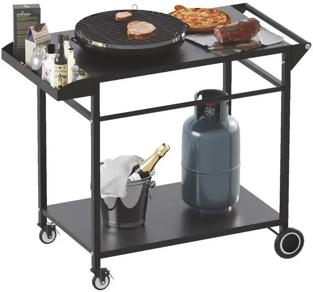 Main image of Koutemie Outdoor Grill Cart Table with 4 Wheels for Blackstone 17" or 22", Movable BBQ Food Prep Table Top, Double-Shelf Metal Pizza Oven Worktable with Spice Tray for Patio, Backyard, Black