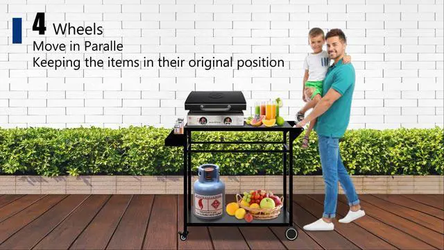 Alt view image 7 of 7 - Koutemie Outdoor Grill Cart Table with 4 Wheels for Blackstone 17" or 22", Movable BBQ Food Prep Table Top, Double-Shelf Metal Pizza Oven Worktable with Spice Tray for Patio, Backyard, Black