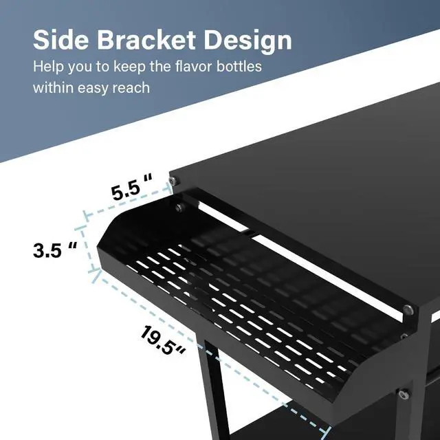 Alt view image 3 of 7 - Koutemie Outdoor Grill Cart Table with 4 Wheels for Blackstone 17" or 22", Movable BBQ Food Prep Table Top, Double-Shelf Metal Pizza Oven Worktable with Spice Tray for Patio, Backyard, Black