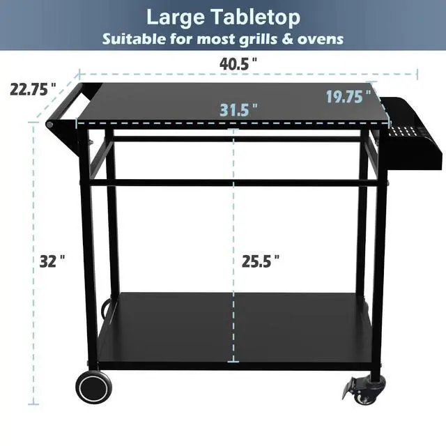Alt view image 5 of 7 - Koutemie Outdoor Grill Cart Table with 4 Wheels for Blackstone 17" or 22", Movable BBQ Food Prep Table Top, Double-Shelf Metal Pizza Oven Worktable with Spice Tray for Patio, Backyard, Black