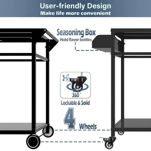 Alt view image 2 of 7 - Koutemie Outdoor Grill Cart Table with 4 Wheels for Blackstone 17" or 22", Movable BBQ Food Prep Table Top, Double-Shelf Metal Pizza Oven Worktable with Spice Tray for Patio, Backyard, Black