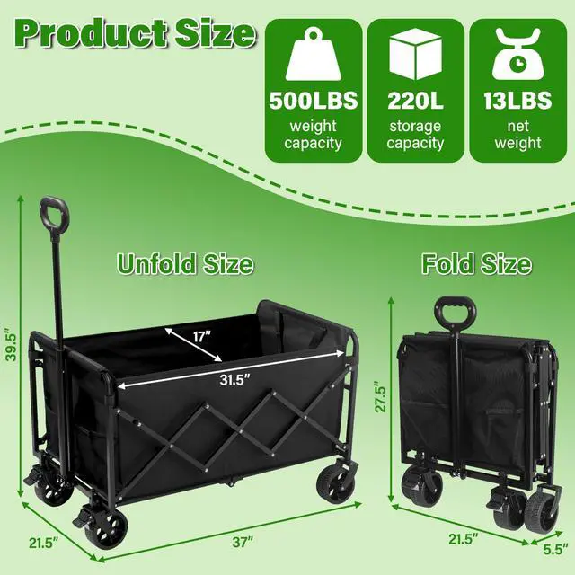 Alt view image 6 of 7 - Wagon Cart Foldable,500Lbs Collapsible Wagon Cart with Wheels Portable, All Terrain Outdoor Utility Carts for Groceries, Camping, Sports, Garden, Shopping, Black