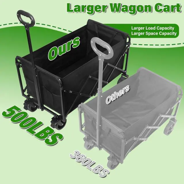 Alt view image 2 of 7 - Wagon Cart Foldable,500Lbs Collapsible Wagon Cart with Wheels Portable, All Terrain Outdoor Utility Carts for Groceries, Camping, Sports, Garden, Shopping, Black