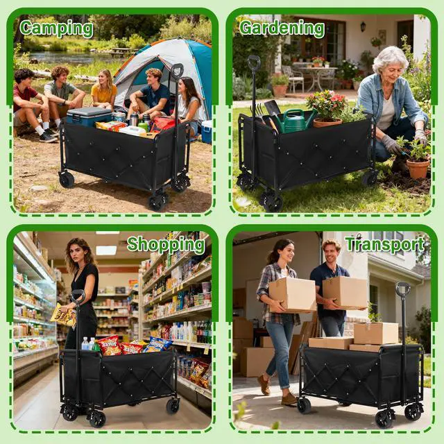 Alt view image 7 of 7 - Wagon Cart Foldable,500Lbs Collapsible Wagon Cart with Wheels Portable, All Terrain Outdoor Utility Carts for Groceries, Camping, Sports, Garden, Shopping, Black