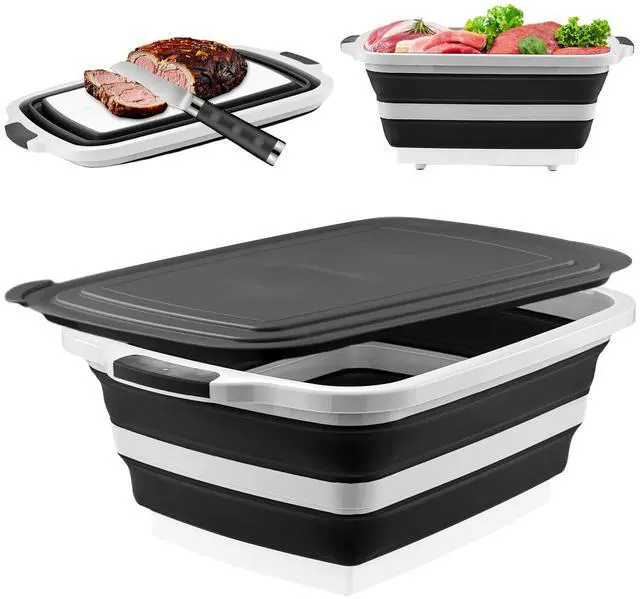 Main image of BBQ Prep Tub with Lid and Cutting Board, Collapsible Barbecue Tool Set for Marinating, Meal Prep, Food Storage, Grilling, Camping and Outdoor Cooking, Dishwasher Safe, Black XX-Large