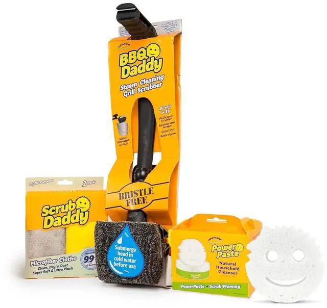 Main image of Scrub Daddy Household Cleaning + BBQ Bundle - BBQ Daddy Bristle Free Grill Brush - 2 Microfiber Cleaning Towels - All Purpose Cleaner PowerPaste Cleaning Paste + Scrub Mommy Sponge