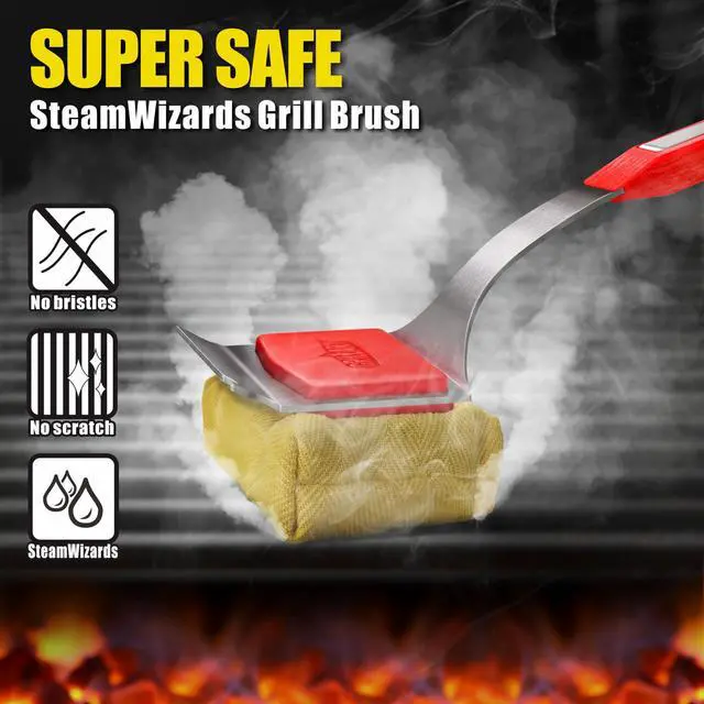 Alt view image 2 of 7 - GRILLART Grill Brush Bristle Free. SteamWizards BBQ Replaceable Cleaning Head, Unique Seamless-Fit Scraper Tool for Cast Iron/Stainless-Steel Grates, Safe Barbecue Grill Cleaner-Red