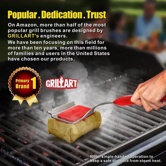 Alt view image 6 of 7 - GRILLART Grill Brush Bristle Free. SteamWizards BBQ Replaceable Cleaning Head, Unique Seamless-Fit Scraper Tool for Cast Iron/Stainless-Steel Grates, Safe Barbecue Grill Cleaner-Red