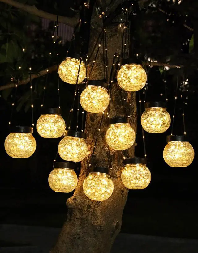 Main image of PARTPHONER Solar Lights Outdoor Waterproof 12-Pack, Solar Powered Hanging Lantern Cracked Glass Hanging Globes for Yard Decor Christmas Decoration, Shepherd Hook, Garden Tree Ornaments, Warm White
