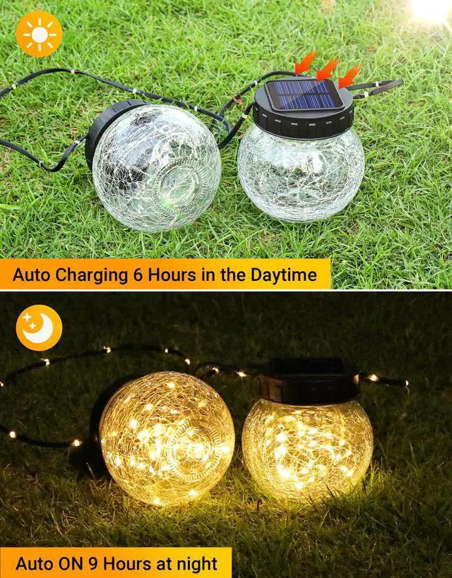 Alt view image 5 of 7 - PARTPHONER Solar Lights Outdoor Waterproof 12-Pack, Solar Powered Hanging Lantern Cracked Glass Hanging Globes for Yard Decor Christmas Decoration, Shepherd Hook, Garden Tree Ornaments, Warm White