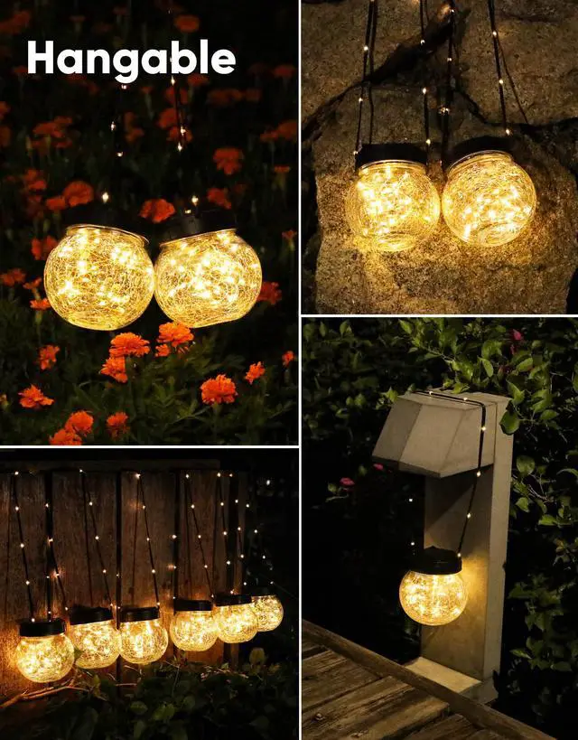 Alt view image 6 of 7 - PARTPHONER Solar Lights Outdoor Waterproof 12-Pack, Solar Powered Hanging Lantern Cracked Glass Hanging Globes for Yard Decor Christmas Decoration, Shepherd Hook, Garden Tree Ornaments, Warm White