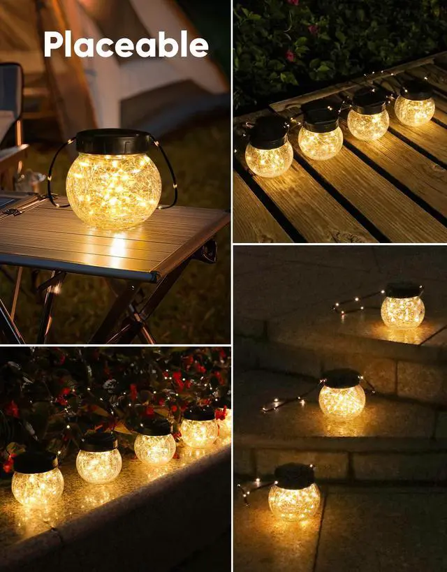 Alt view image 7 of 7 - PARTPHONER Solar Lights Outdoor Waterproof 12-Pack, Solar Powered Hanging Lantern Cracked Glass Hanging Globes for Yard Decor Christmas Decoration, Shepherd Hook, Garden Tree Ornaments, Warm White
