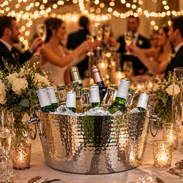 Alt view image 6 of 7 - Insulated Hammered Stainless Steel Beverage Tub & Ice Bucket, 12QT | Double-wall insulated tub keeps beer, wine and champagne chilled. Double-hinged handles make carrying easier.