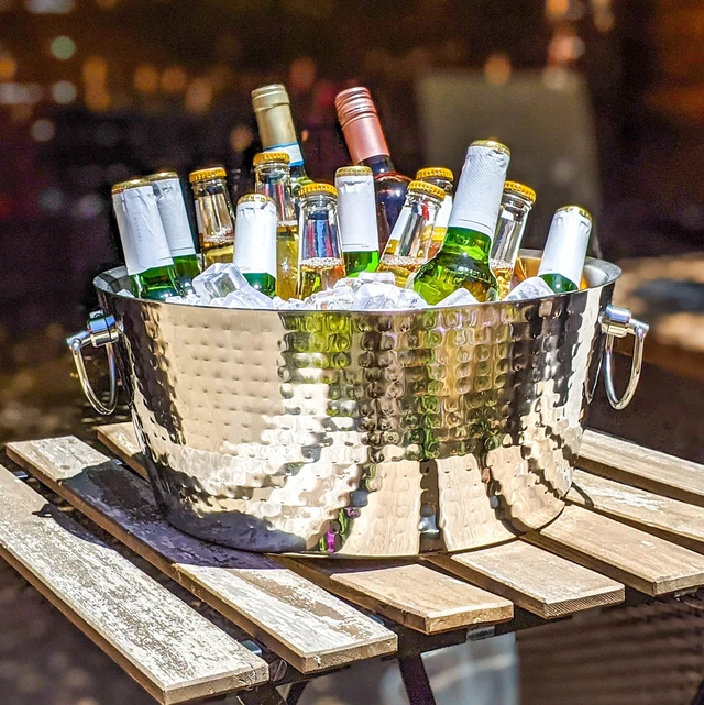 Alt view image 5 of 7 - Insulated Hammered Stainless Steel Beverage Tub & Ice Bucket, 12QT | Double-wall insulated tub keeps beer, wine and champagne chilled. Double-hinged handles make carrying easier.