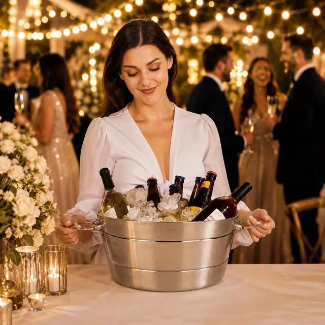 Alt view image 3 of 7 - BREKX Stainless Steel Ice Bucket for Parties, Double Wall Insulated Anchored Brushed Drink Tub & Wine Bucket with Double Hinged Handles, Drink Chiller for Parties, 12QT (3 Gallon), 100% Leak Proof