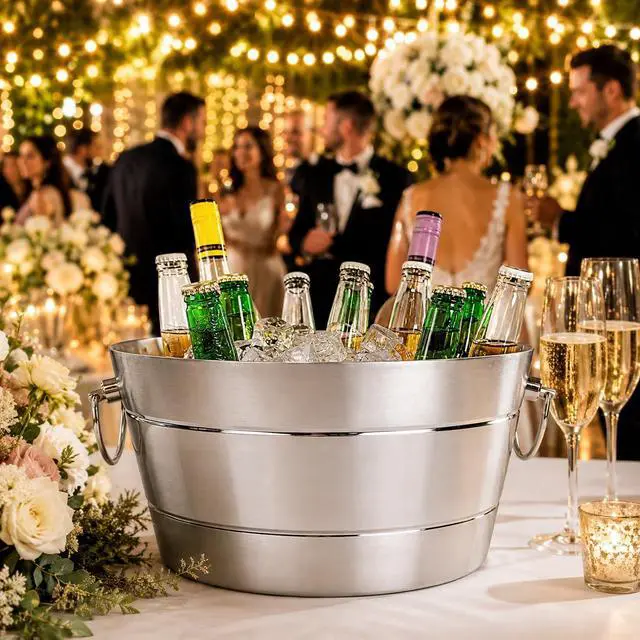 Alt view image 2 of 7 - BREKX Stainless Steel Ice Bucket for Parties, Double Wall Insulated Anchored Brushed Drink Tub & Wine Bucket with Double Hinged Handles, Drink Chiller for Parties, 12QT (3 Gallon), 100% Leak Proof