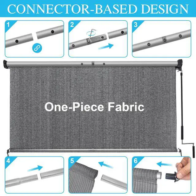 Alt view image 7 of 7 - Amagenix Outdoor Roller Shade 8'(W) X 8'(H), Exterior Cordless Patio Shades Roll Up Outdoor Blinds with 90% UV Protection, Two-Section Poles with One-Piece Fabric, Grey