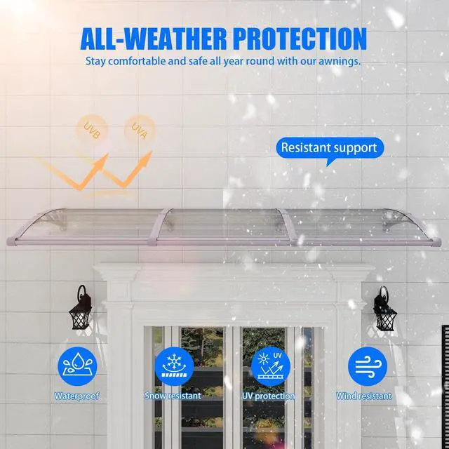 Alt view image 3 of 7 - GGNEBAI 32" x 40" Door Awning Exterior, Polycarbonate Window Canopy with Drainage, Leak-Proof Sealing Front Door Rain Shelter, UV Rain Snow Protection for House, Porch, Patio, Deck