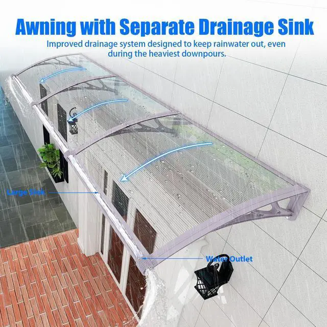 Alt view image 2 of 7 - GGNEBAI 32" x 40" Door Awning Exterior, Polycarbonate Window Canopy with Drainage, Leak-Proof Sealing Front Door Rain Shelter, UV Rain Snow Protection for House, Porch, Patio, Deck