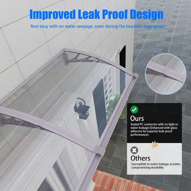 Alt view image 4 of 7 - GGNEBAI 32" x 40" Door Awning Exterior, Polycarbonate Window Canopy with Drainage, Leak-Proof Sealing Front Door Rain Shelter, UV Rain Snow Protection for House, Porch, Patio, Deck