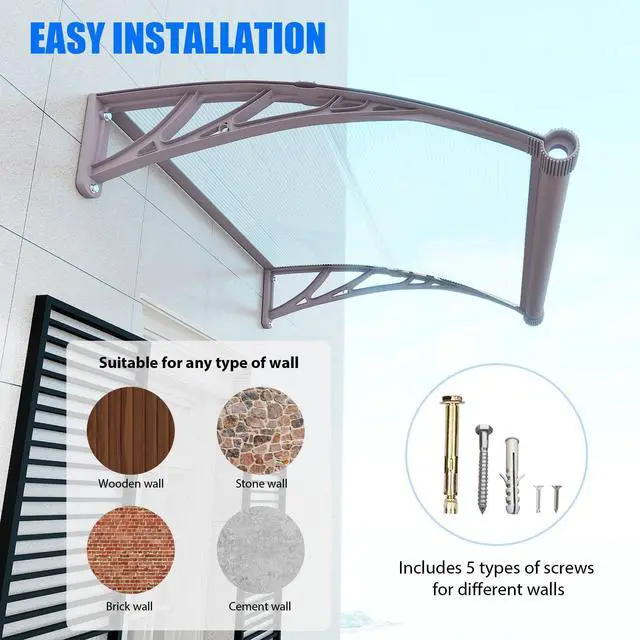 Alt view image 5 of 7 - GGNEBAI 32" x 40" Door Awning Exterior, Polycarbonate Window Canopy with Drainage, Leak-Proof Sealing Front Door Rain Shelter, UV Rain Snow Protection for House, Porch, Patio, Deck