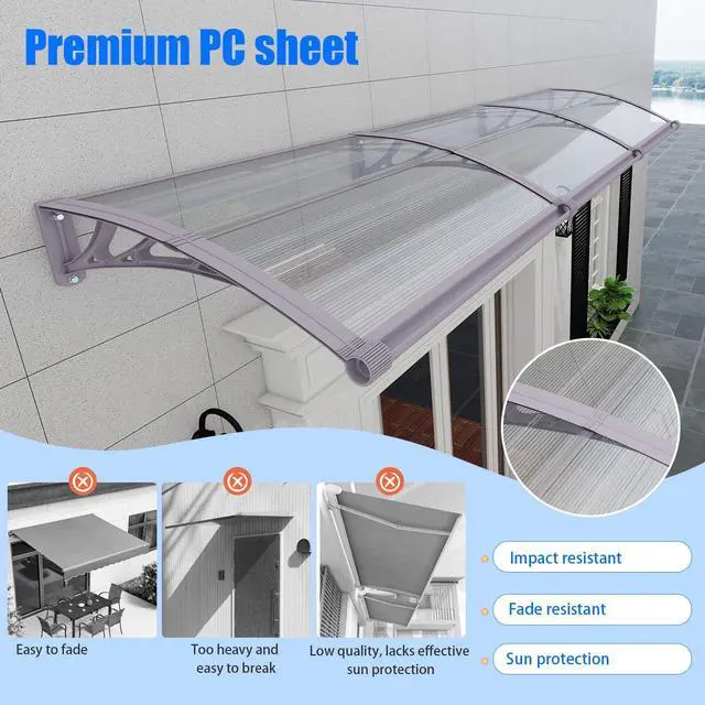 Alt view image 6 of 7 - GGNEBAI 32" x 40" Door Awning Exterior, Polycarbonate Window Canopy with Drainage, Leak-Proof Sealing Front Door Rain Shelter, UV Rain Snow Protection for House, Porch, Patio, Deck