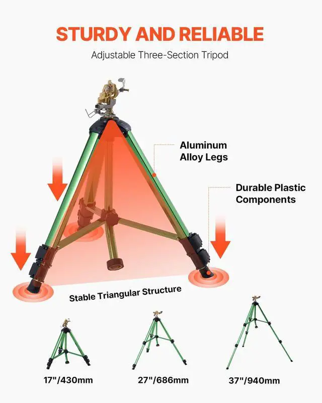 Alt view image 3 of 7 - VEVOR Impact Sprinkler on Tripod Base, 2 Packs, Heavy Duty Tripod Sprinklers with Brass Head & 3/4" NH Connector, 360 Degree Large Area Irrigation Sprinkler, Adjustable Heights Sprinkler for Yard