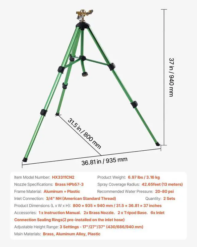 Alt view image 7 of 7 - VEVOR Impact Sprinkler on Tripod Base, 2 Packs, Heavy Duty Tripod Sprinklers with Brass Head & 3/4" NH Connector, 360 Degree Large Area Irrigation Sprinkler, Adjustable Heights Sprinkler for Yard