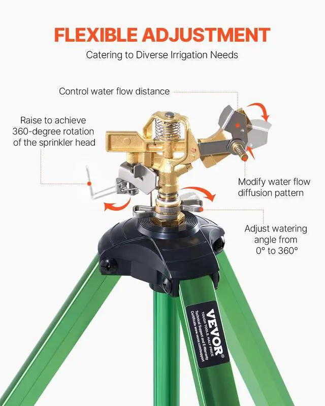 Alt view image 4 of 7 - VEVOR Impact Sprinkler on Tripod Base, 2 Packs, Heavy Duty Tripod Sprinklers with Brass Head & 3/4" NH Connector, 360 Degree Large Area Irrigation Sprinkler, Adjustable Heights Sprinkler for Yard
