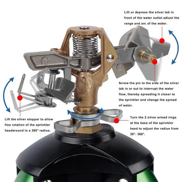 Alt view image 3 of 7 - Biswing Impact Sprinkler Head on Tripod Base, Heavy Duty Lawn Sprinklers, 360 Degree Large Area Irrigation, Metal Sprinkler Nozzle & Solid Alloy Metal Extension Legs Flip Locks, 2 Pack