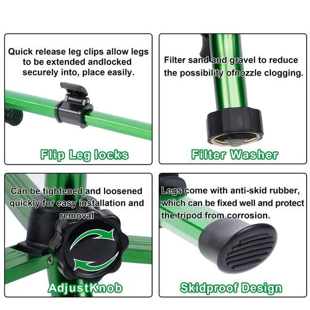 Alt view image 4 of 7 - Biswing Impact Sprinkler Head on Tripod Base, Heavy Duty Lawn Sprinklers, 360 Degree Large Area Irrigation, Metal Sprinkler Nozzle & Solid Alloy Metal Extension Legs Flip Locks, 2 Pack