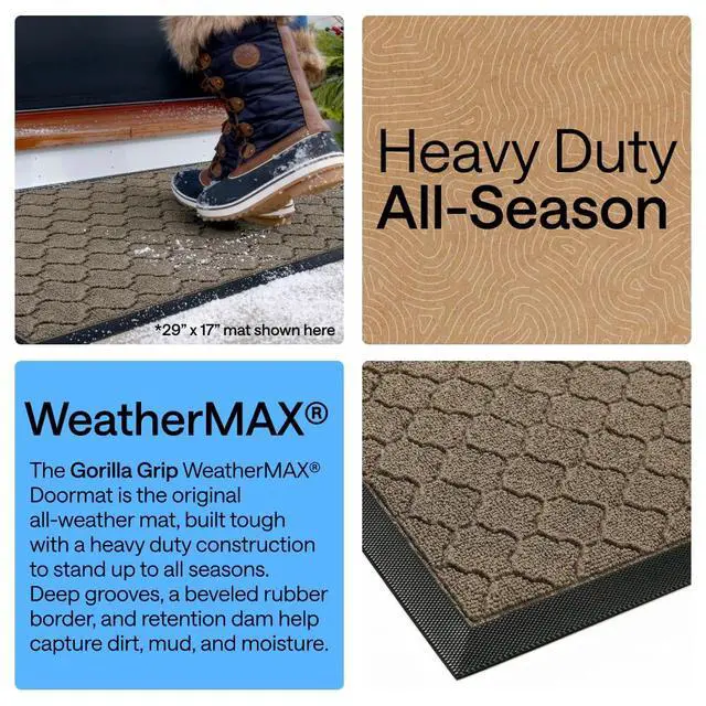 Alt view image 3 of 7 - GORILLA GRIP 100% Waterproof All-Season WeatherMAX Doormat, 47x35, US Designed Natural Rubber, Stain and Fade Resistant, Low Profile Indoor Outdoor Door Mats, Easy Clean Patio Mat, Latte Quatrefoil