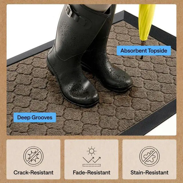 Alt view image 5 of 7 - GORILLA GRIP 100% Waterproof All-Season WeatherMAX Doormat, 47x35, US Designed Natural Rubber, Stain and Fade Resistant, Low Profile Indoor Outdoor Door Mats, Easy Clean Patio Mat, Latte Quatrefoil