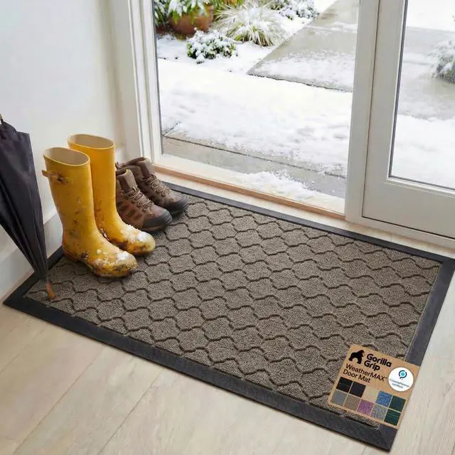 Main image of GORILLA GRIP 100% Waterproof All-Season WeatherMAX Doormat, 47x35, US Designed Natural Rubber, Stain and Fade Resistant, Low Profile Indoor Outdoor Door Mats, Easy Clean Patio Mat, Latte Quatrefoil