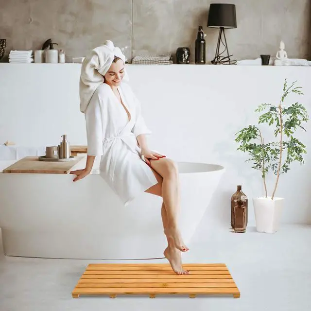 Alt view image 2 of 7 - Bamboo Wooden Bath Floor Mat for Luxury Shower - Non-Slip Bathroom Waterproof Carpet for Indoor or Outdoor Use (31.3 x 18.1 x 1.5 Inches)