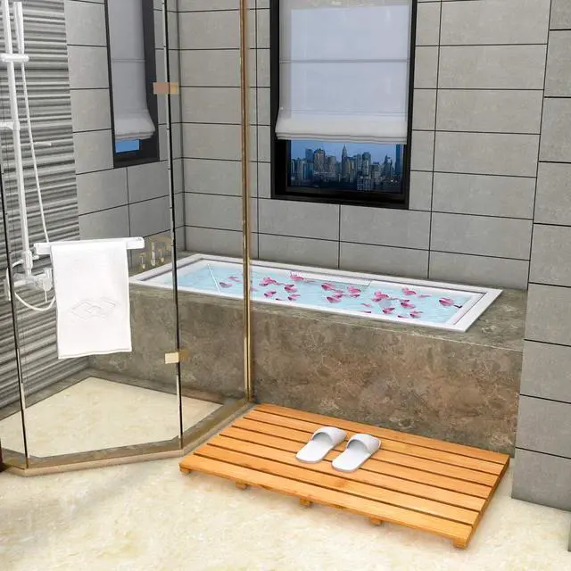 Alt view image 3 of 7 - Bamboo Wooden Bath Floor Mat for Luxury Shower - Non-Slip Bathroom Waterproof Carpet for Indoor or Outdoor Use (31.3 x 18.1 x 1.5 Inches)