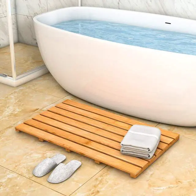 Alt view image 4 of 7 - Bamboo Wooden Bath Floor Mat for Luxury Shower - Non-Slip Bathroom Waterproof Carpet for Indoor or Outdoor Use (31.3 x 18.1 x 1.5 Inches)